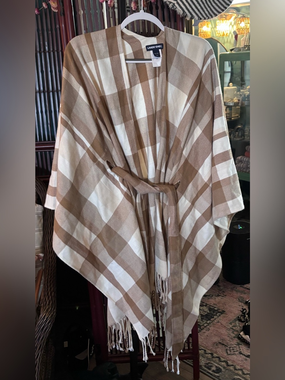 Lands End Poncho Cape Cream and Tan Plaid Wrap with Belt